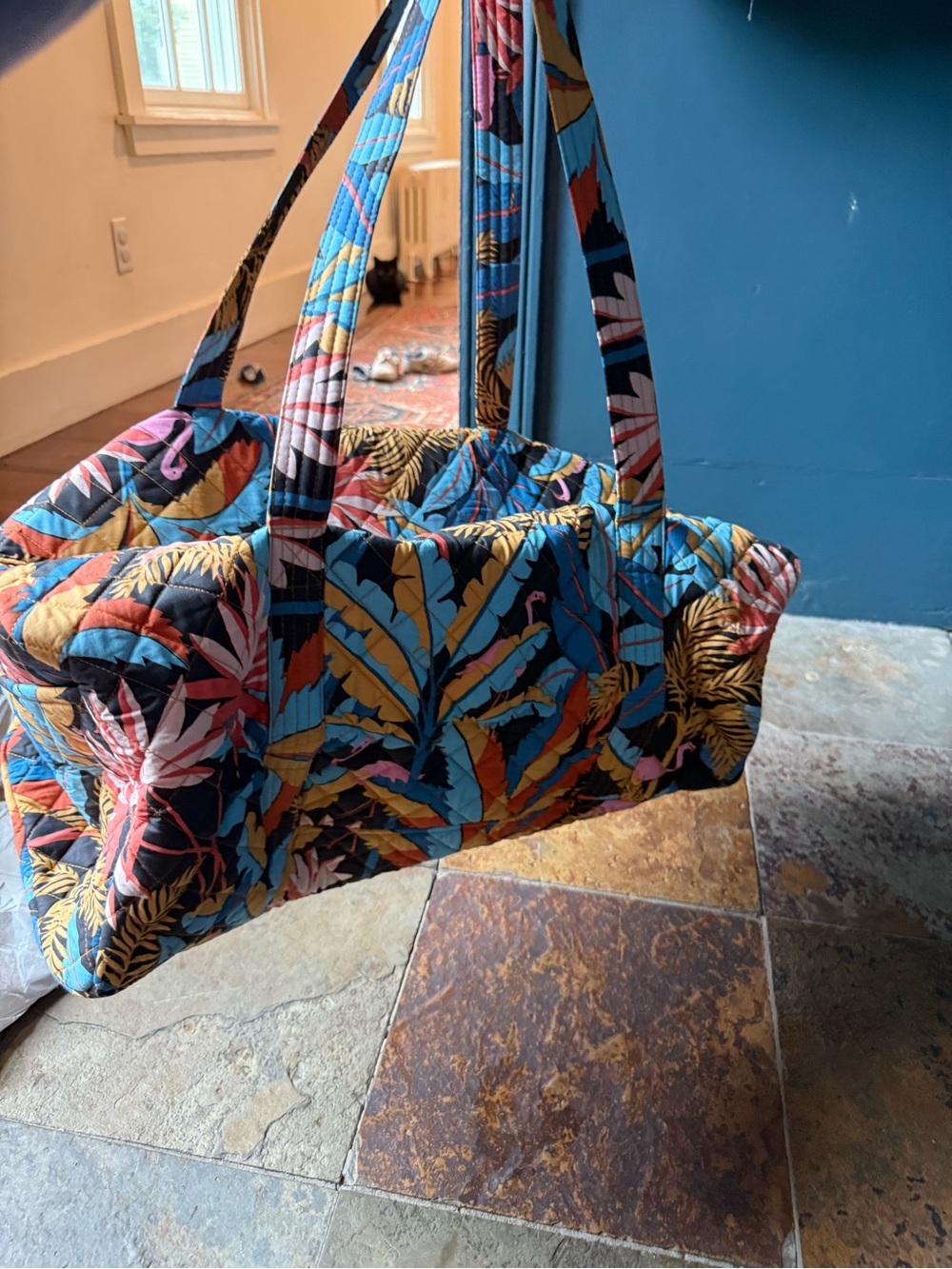 Quilted Tropical Print Tote Bag in Blue and Multicolor